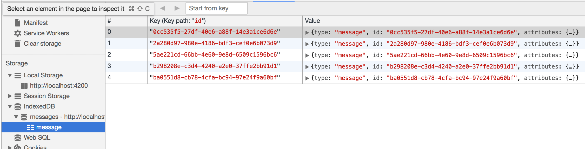 browser IndexedDB inspector showing saved messages