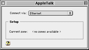 The Mac OS 9 AppleTalk control panel, with Ethernet selected from the "Connect via" dropdown.