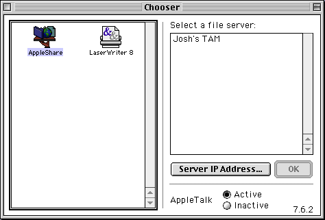 The Mac OS 9 Chooser, with AppleShare selected and a file server named "Josh's TAM" showing in the list