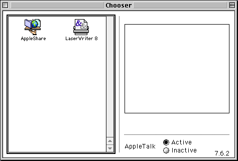 The Mac OS 9 Chooser, showing AppleTalk as Active