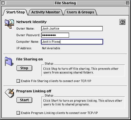 The Mac OS 9 File Sharing control panel, with File Sharing on