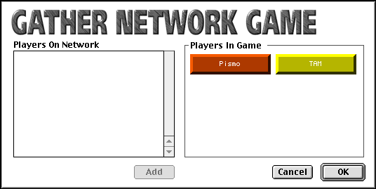 The Marathon Infinity Gather Network Game dialog, with players named Pismo and TAM in game
