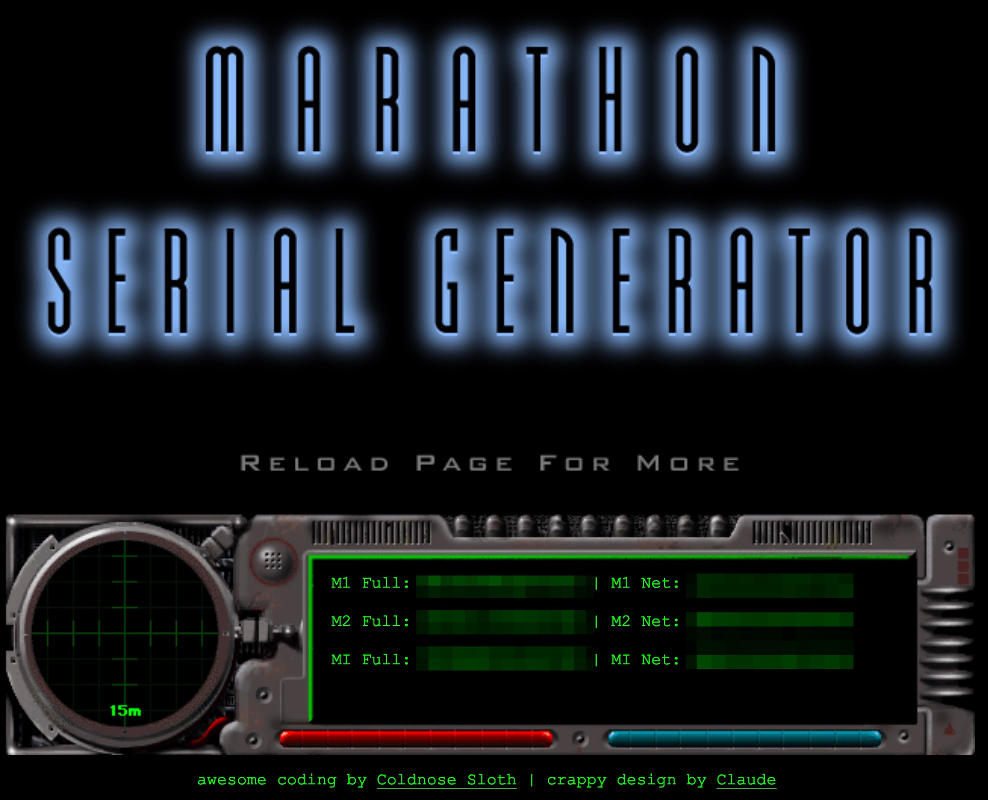 The Marathon Serial Generator, with generated serial numbers blurred out