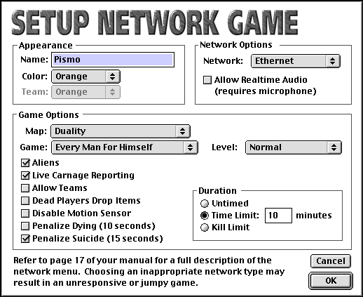 The Marathon Infinity Setup Network Game dialog, configured to use Ethernet as the Network