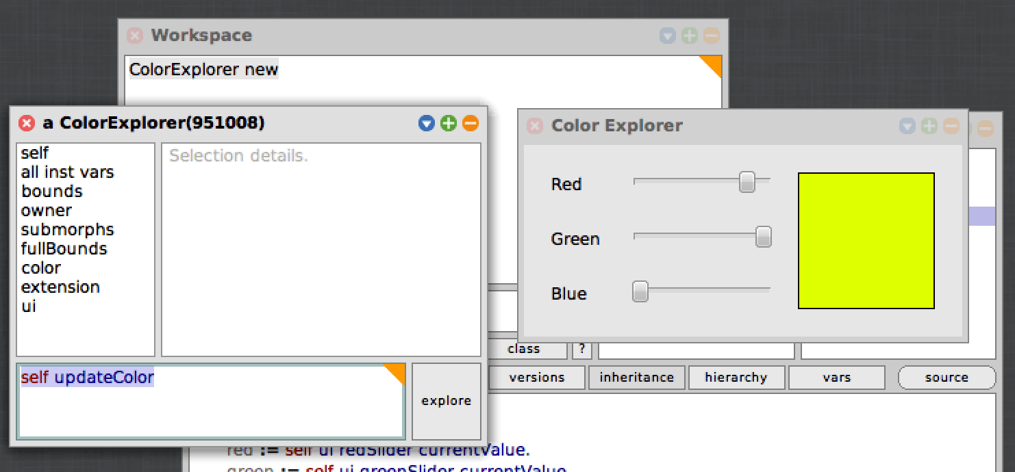 Inspector sending updateColor message to ColorExplorer after changing the sliders