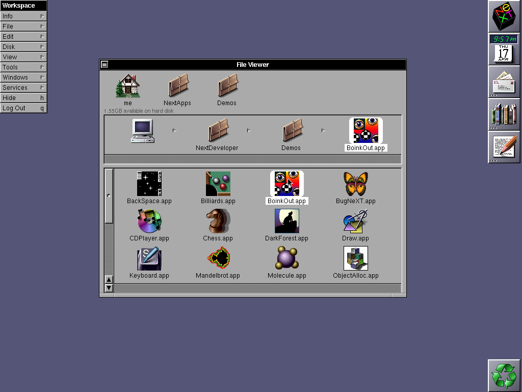 OPENSTEP 4.2 desktop with a File Viewer displaying the Demos folder, and BoinkOut.app selected