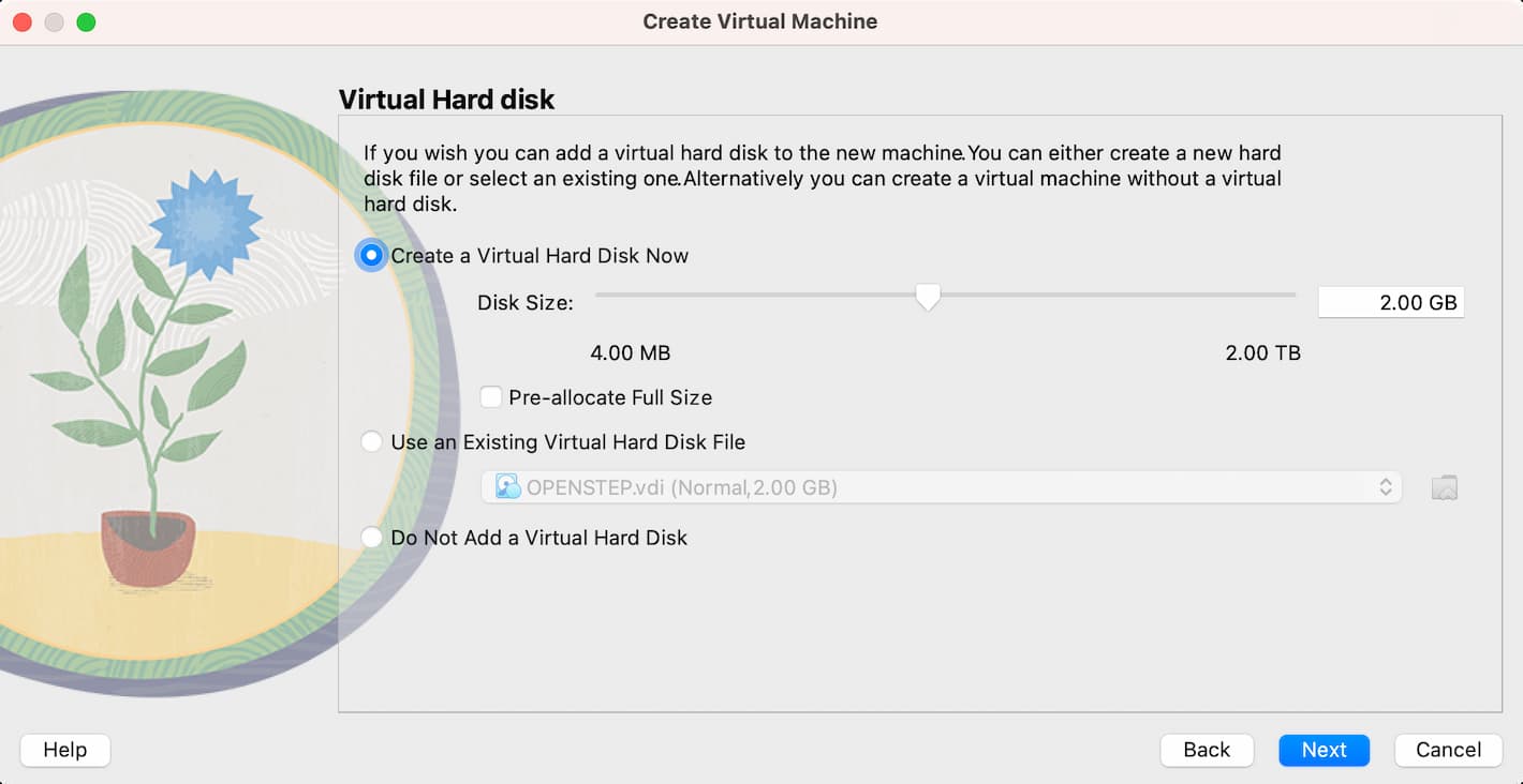 The VirtualBox "Virtual Hard disk" dialog, with Disk Size set to 2 gigabytes
