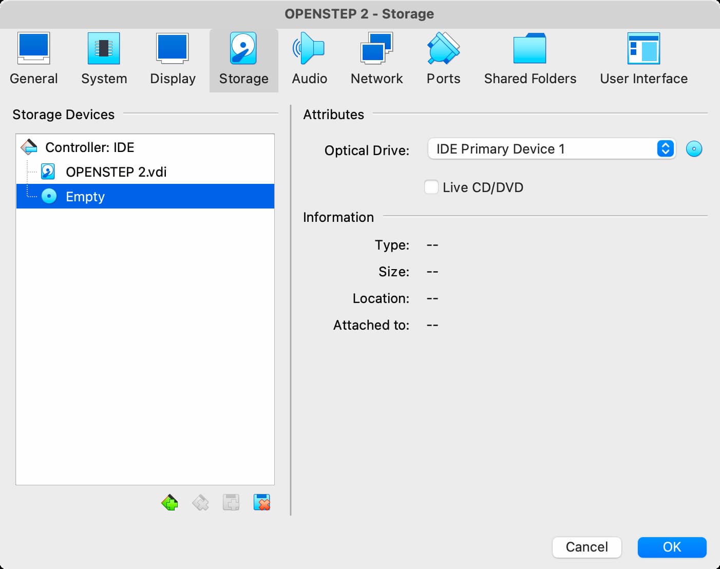 The VirtualBox "Storage" settings window, with the Optical drive set to IDE Primary Device 1