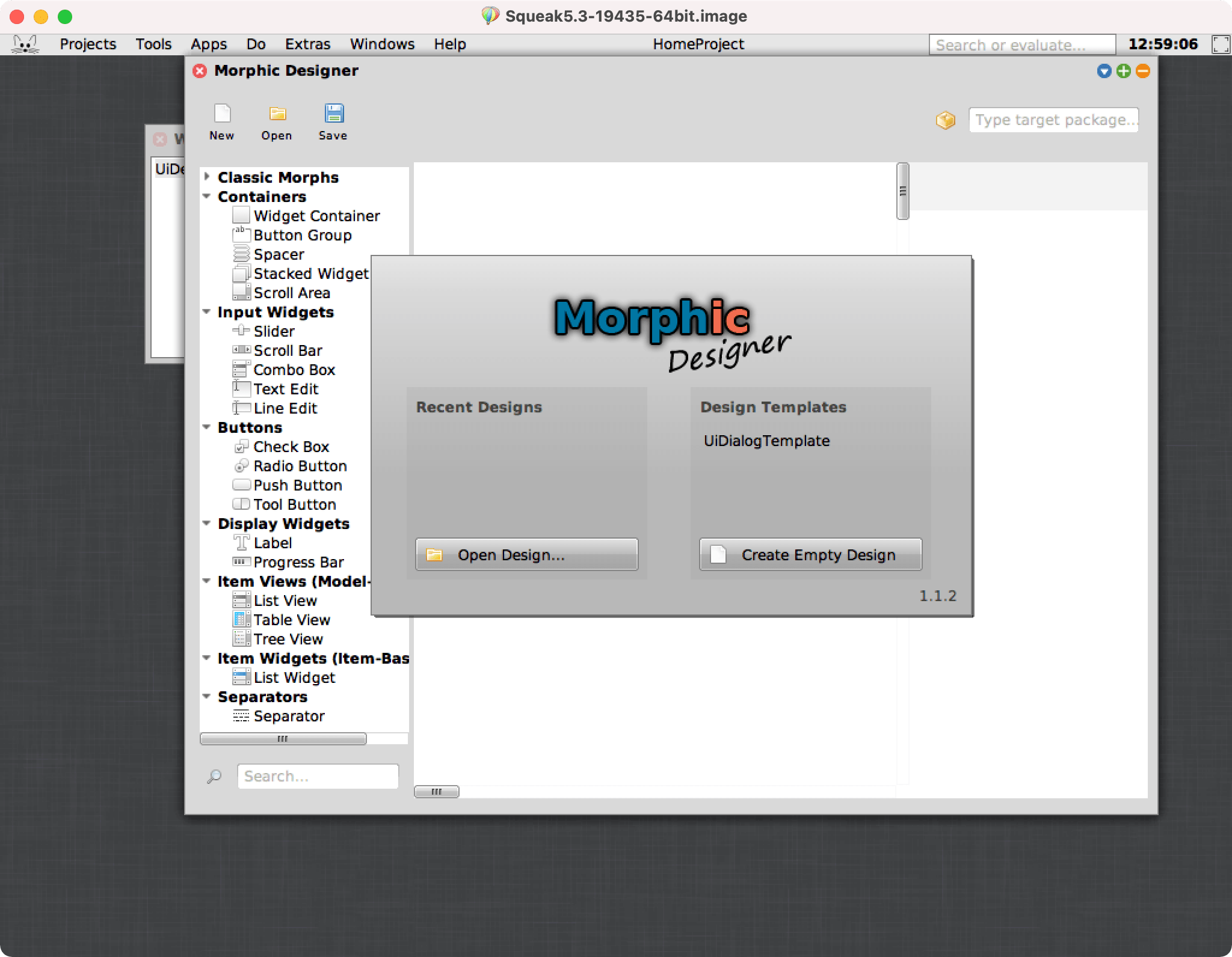 Morphic Designer splash screen with options to "Open Design" or "Create Empty Design"