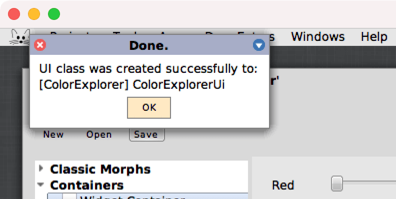 Morphic Designer "class created successfully" message