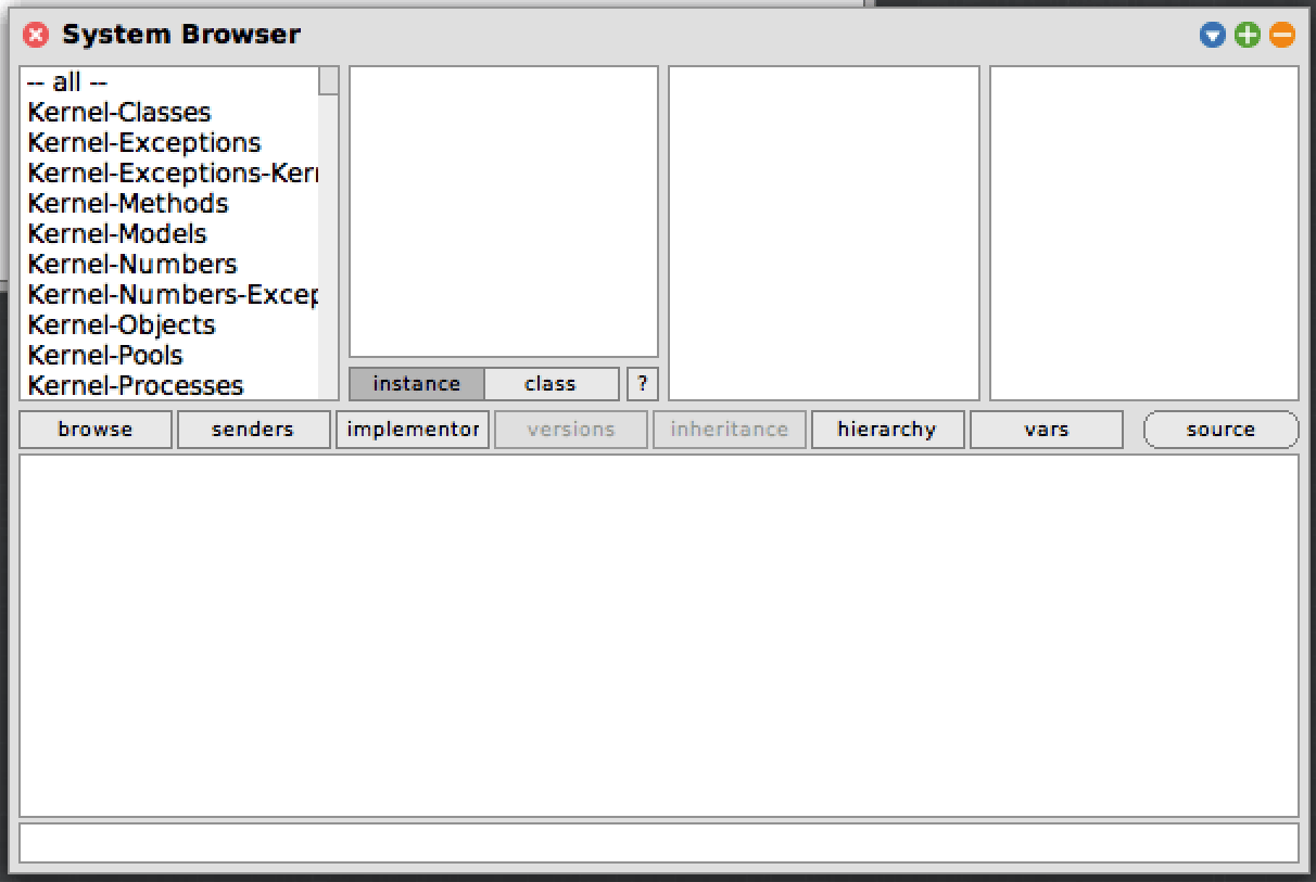 Squeak System Browser window with no category selected