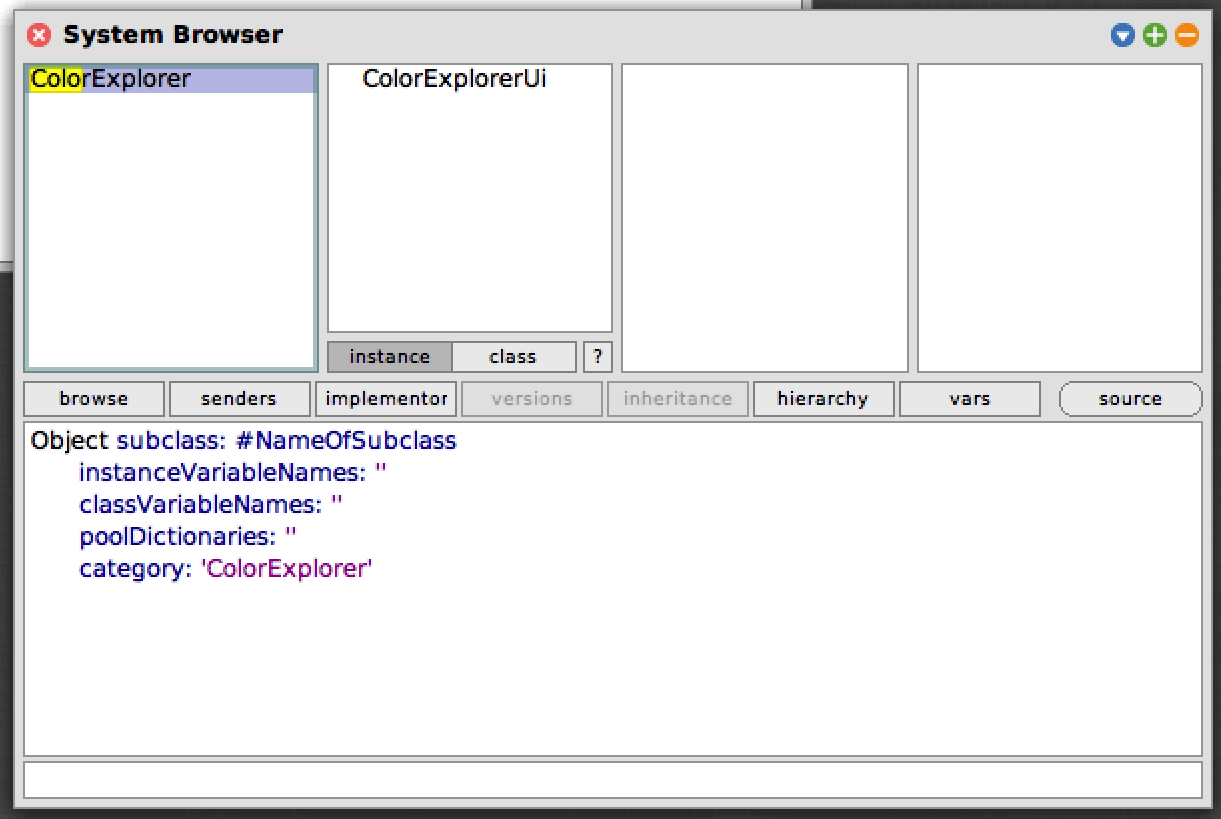 Squeak System Browser window with "ColorExplorer" category selected