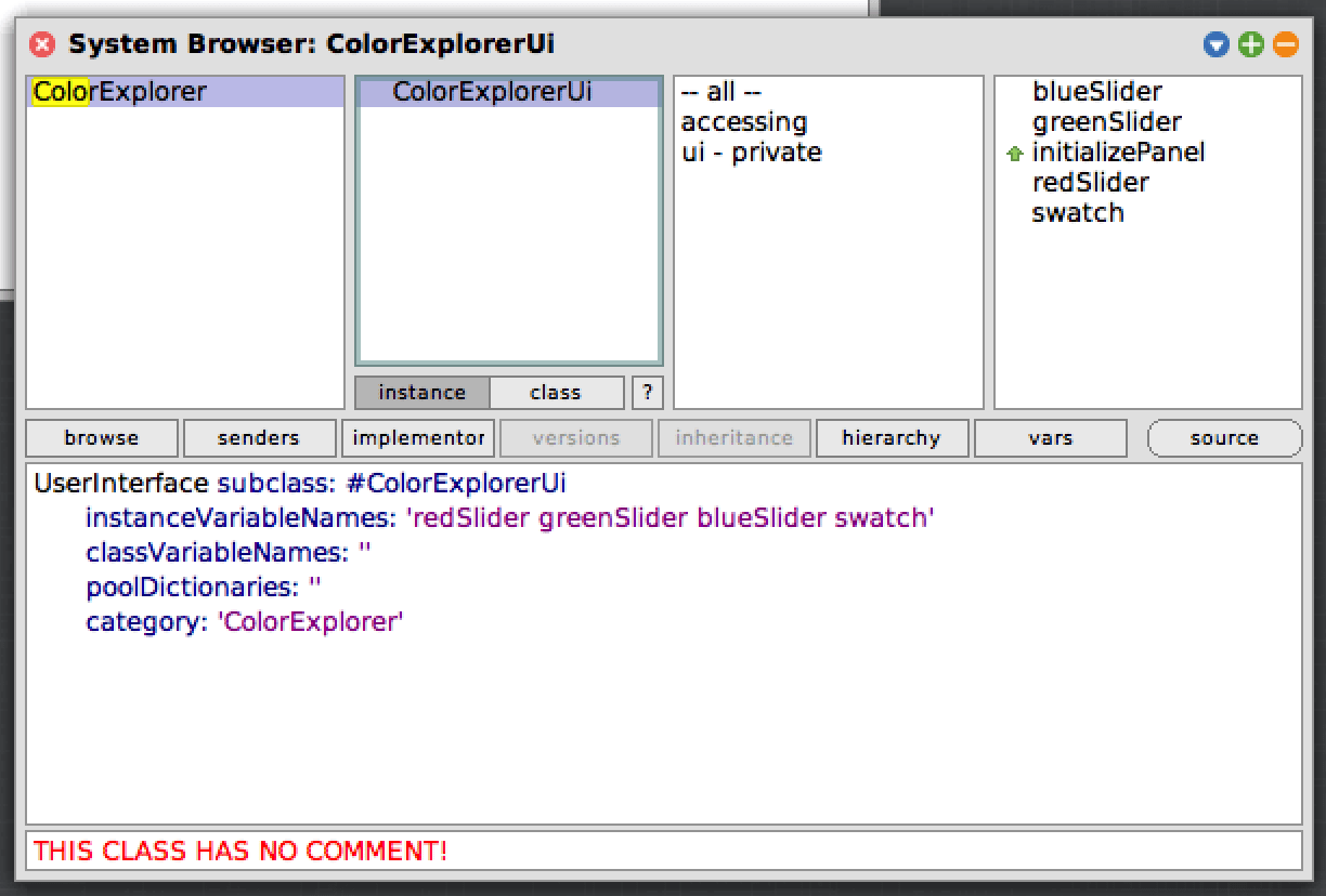 Squeak System Browser window with "ColorExplorerUi" class selected