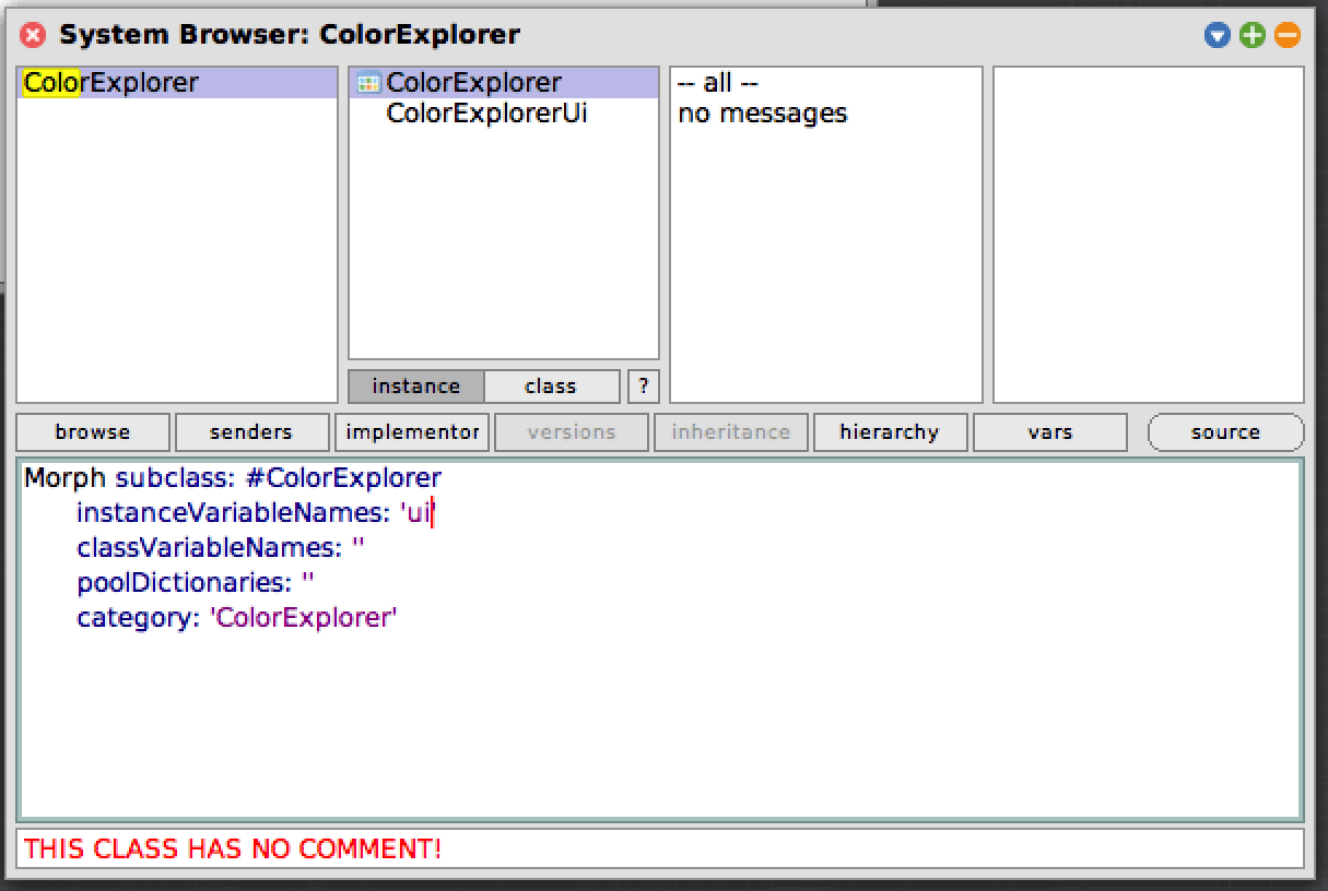 Squeak System Browser window with ColorExplorer class shown