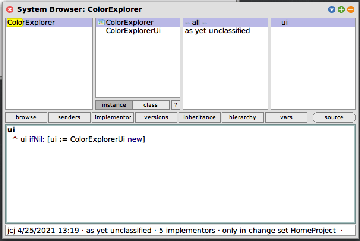 Squeak System Browser window with ColorExplorer class shown