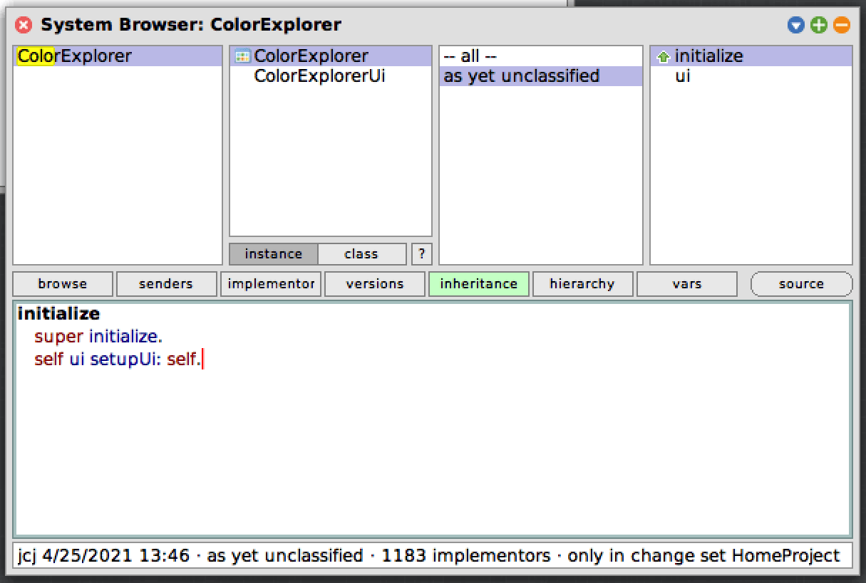 Squeak System Browser window with initialize method shown