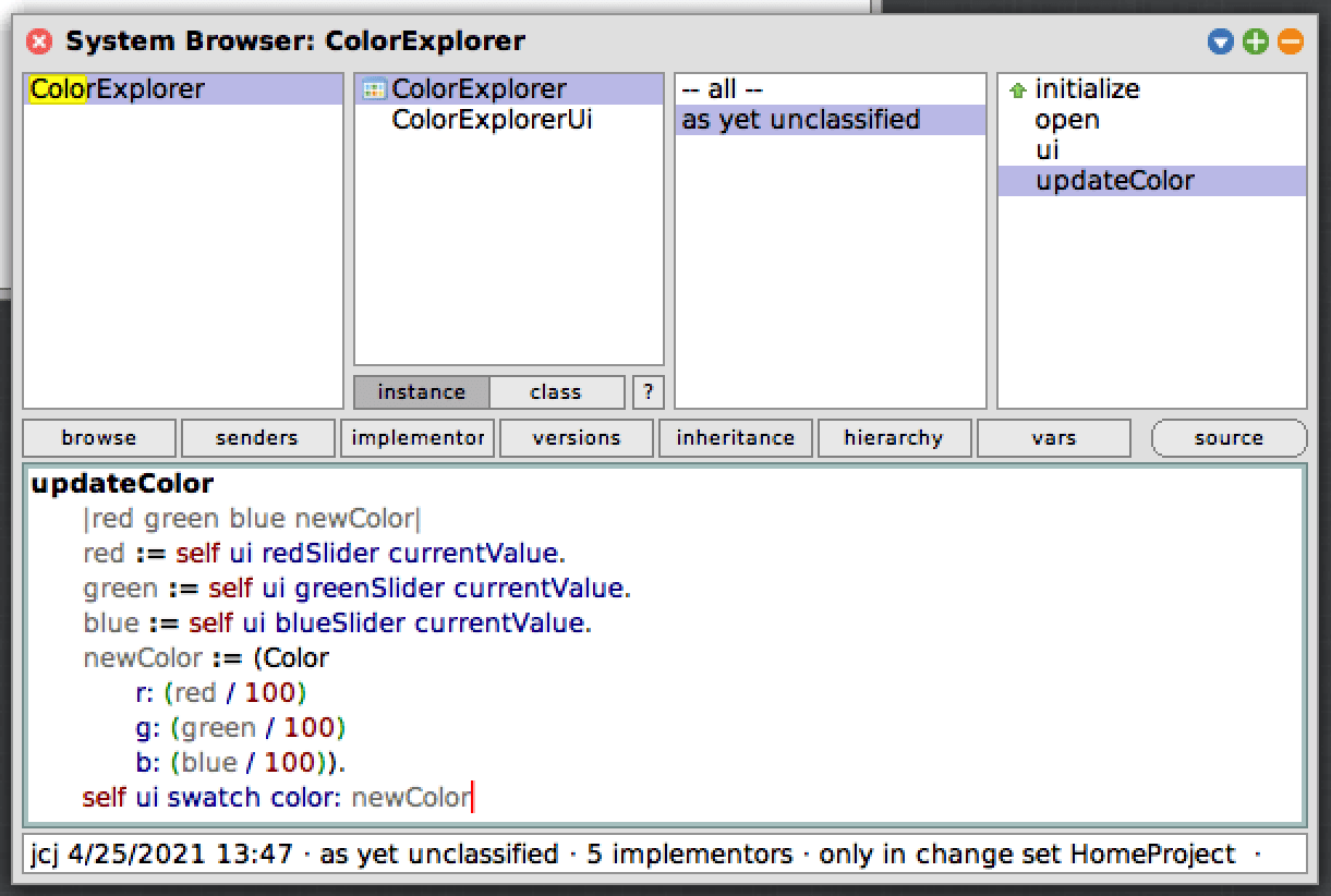 Squeak System Browser with updateColor method shown
