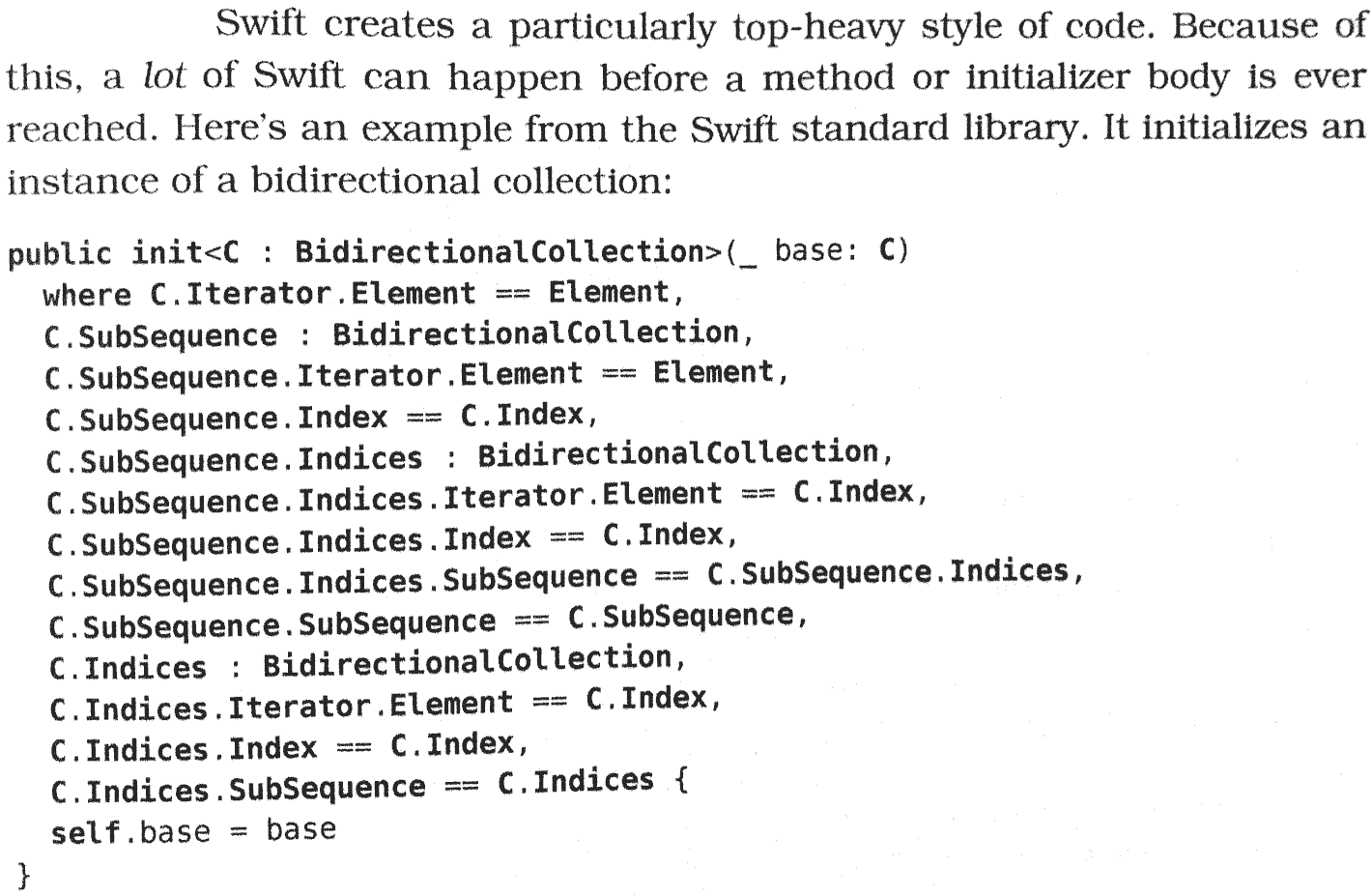 Excerpt from *Swift Style* showing function with many more lines of type signatures than implementation